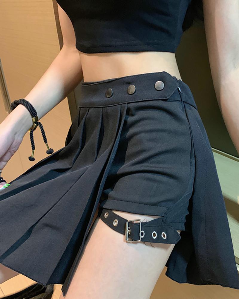 

Eyelet Buckled Buttoned Asymmetrical Pleated Skort, Black