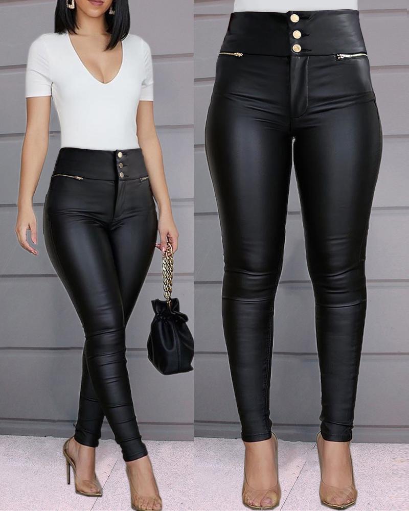 

Pantalon en cuir PU à taille haute et fermeture à glissière, Black