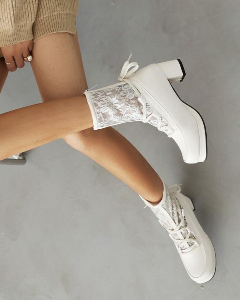 

Womens Vintage Round Toe Lace Heeled Ankle Boots, White