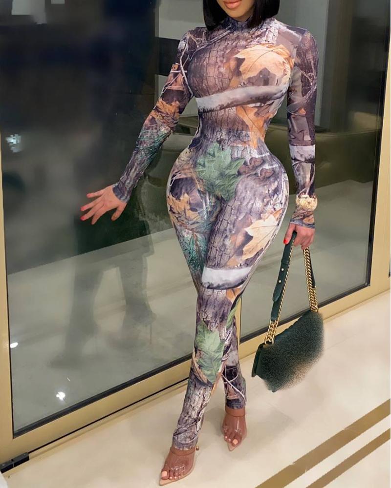 

Long Sleeve Graphic Print Skinny Jumpsuit, Purple