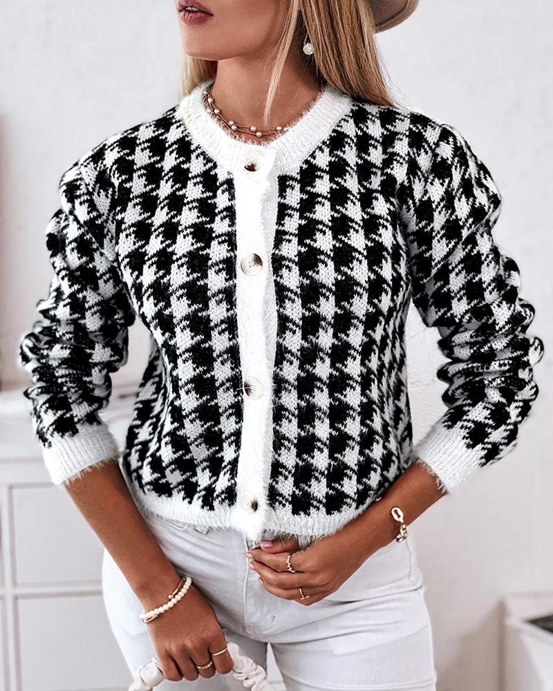 

Houndstooth Pattern Button Design Cardigan, Black