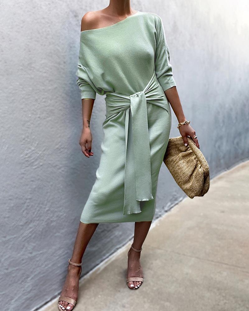 

Cold Shoulder Tie Front Long Sleeve Casual Dress, Green