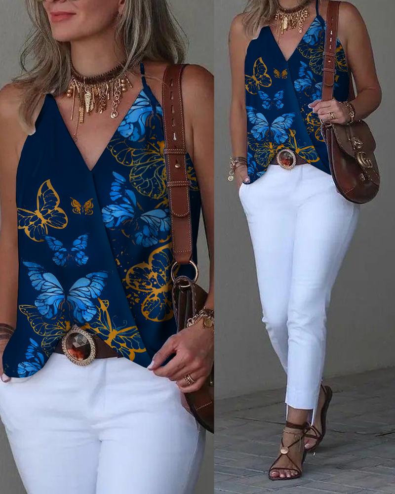 

Butterfly Print Halter Wrap Tank Top, Dark blue