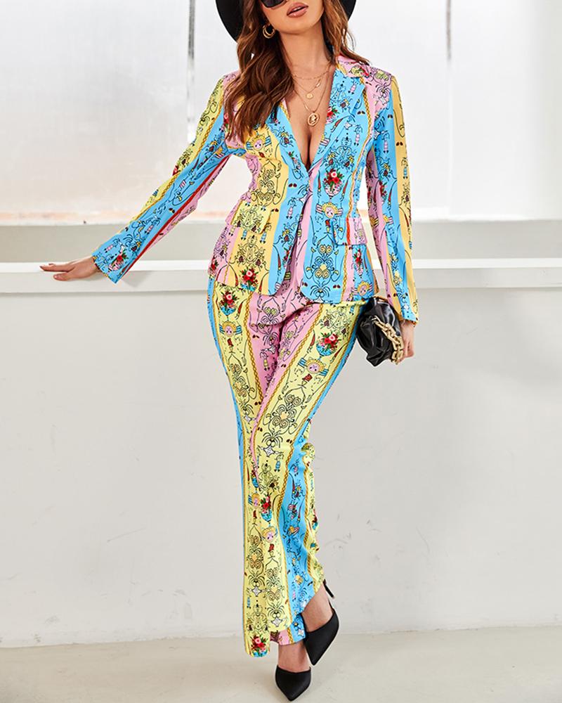 

Scarf Print Blazer Coat & Bootcut Pants Set, Multicolor