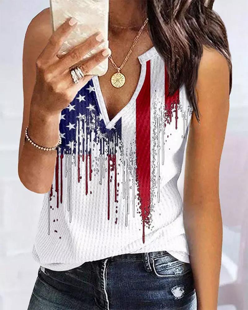 

Independence Day Flag Print Notch Neck Tank Top, White