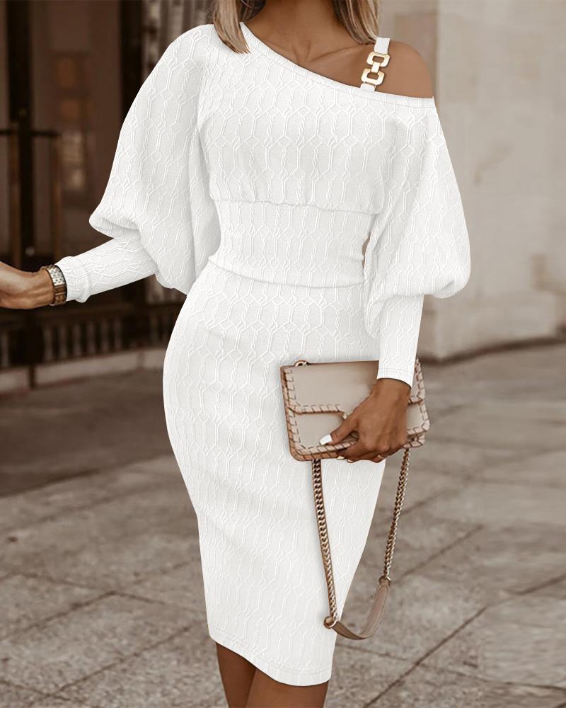 

Cold Shoulder Gigot Sleeve Cable Textured Dress, White