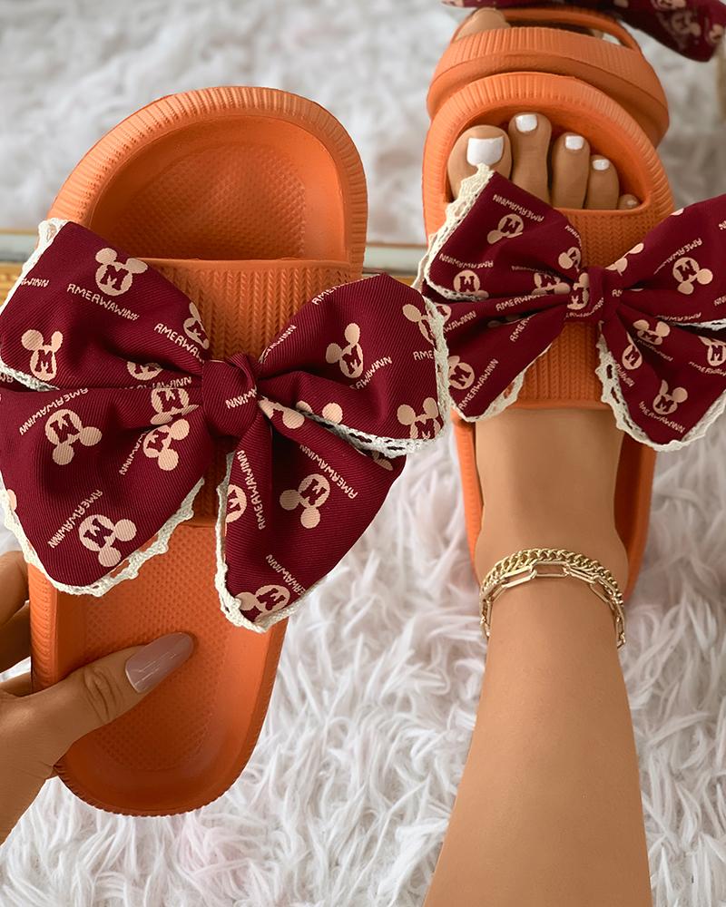 

Cartoon Letter Print Bowknot Slippers, Orange