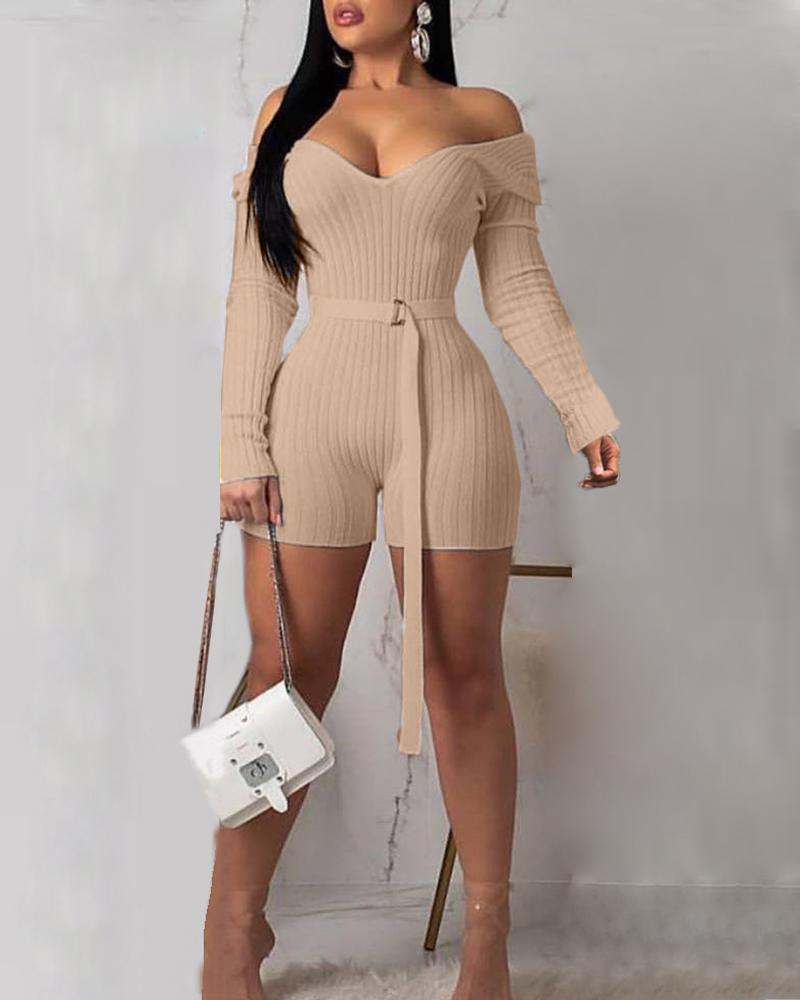 

Long Sleeve Off Shoulder Solid Color Romper (With Belt), Khaki