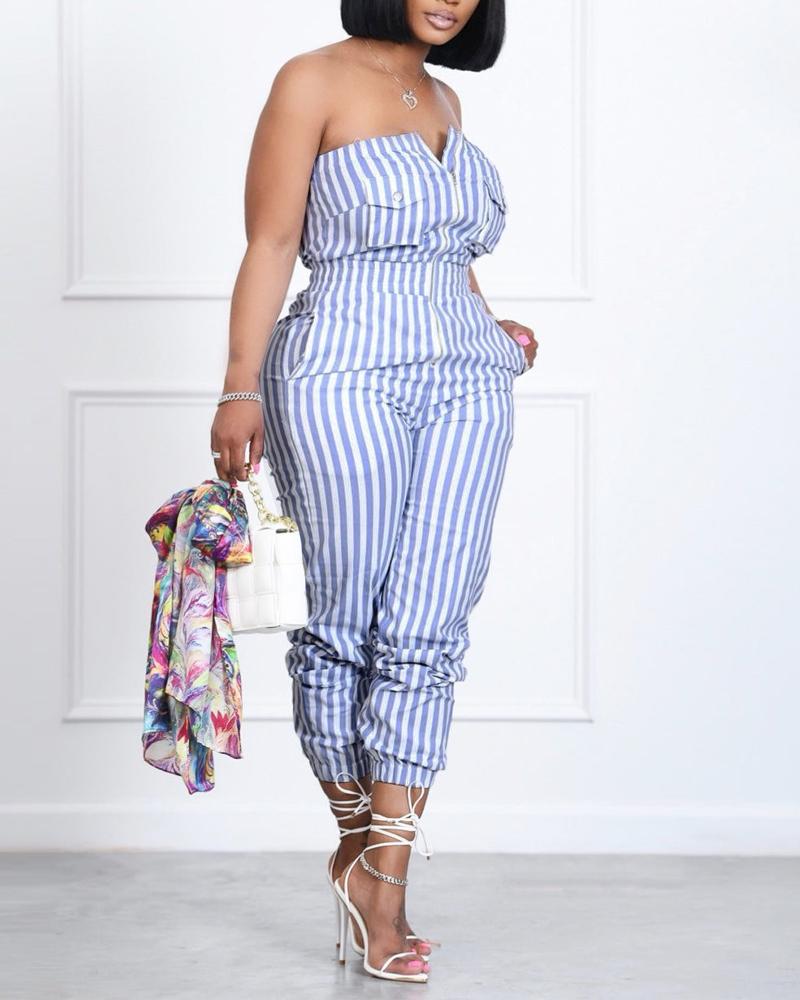 

Striped Print Zip Front Bandeau Jumpsuit, Blue