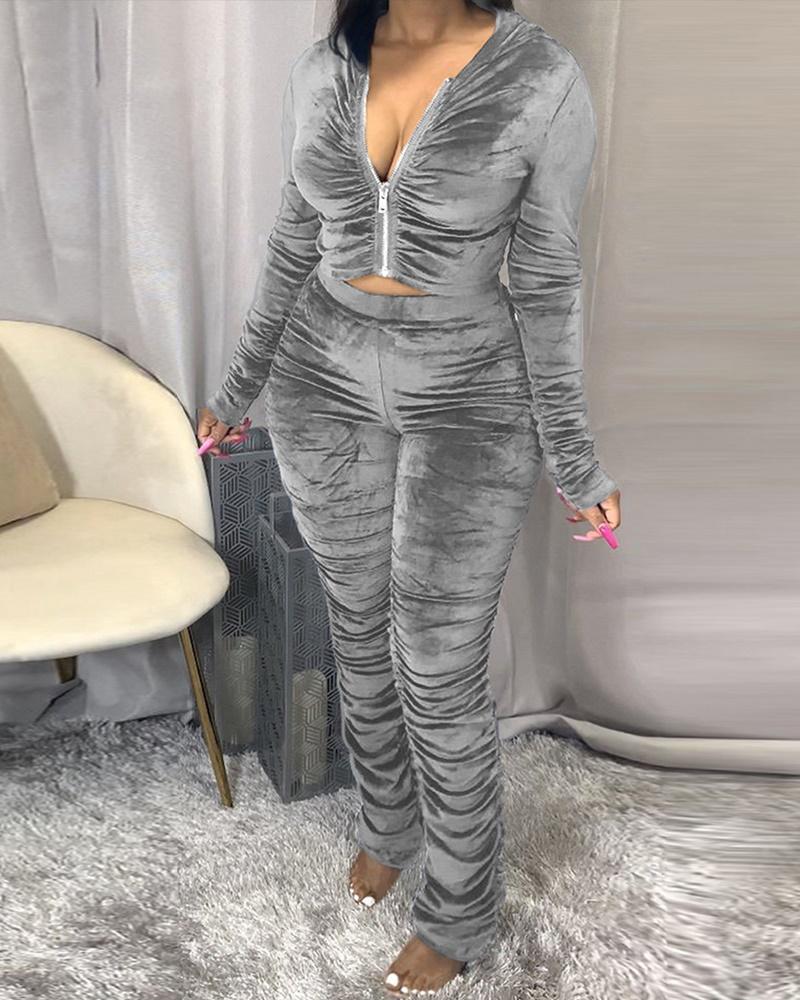 

Ruched Long Sleeve Hooded Zip Up Top & Pants Set, Gray