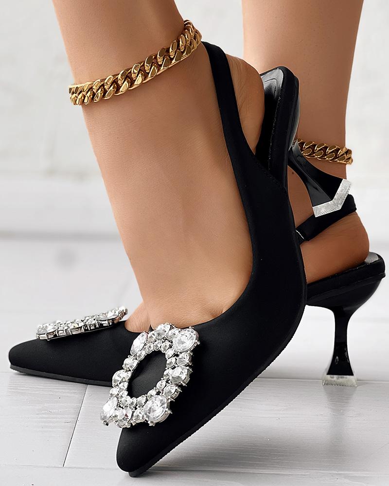 

Rhinestone Square Pattern Slingback Pyramid Heel Pumps, Black