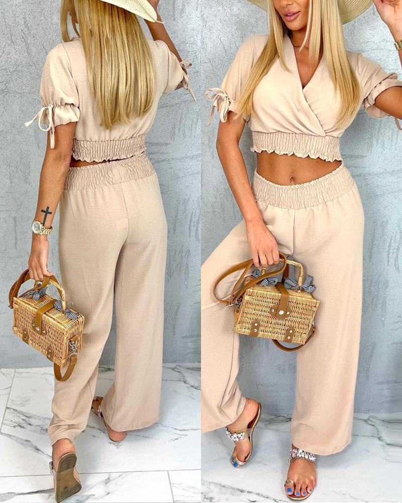 

V-Neck Tied Detail Ruched Top & Pants Set, Apricot