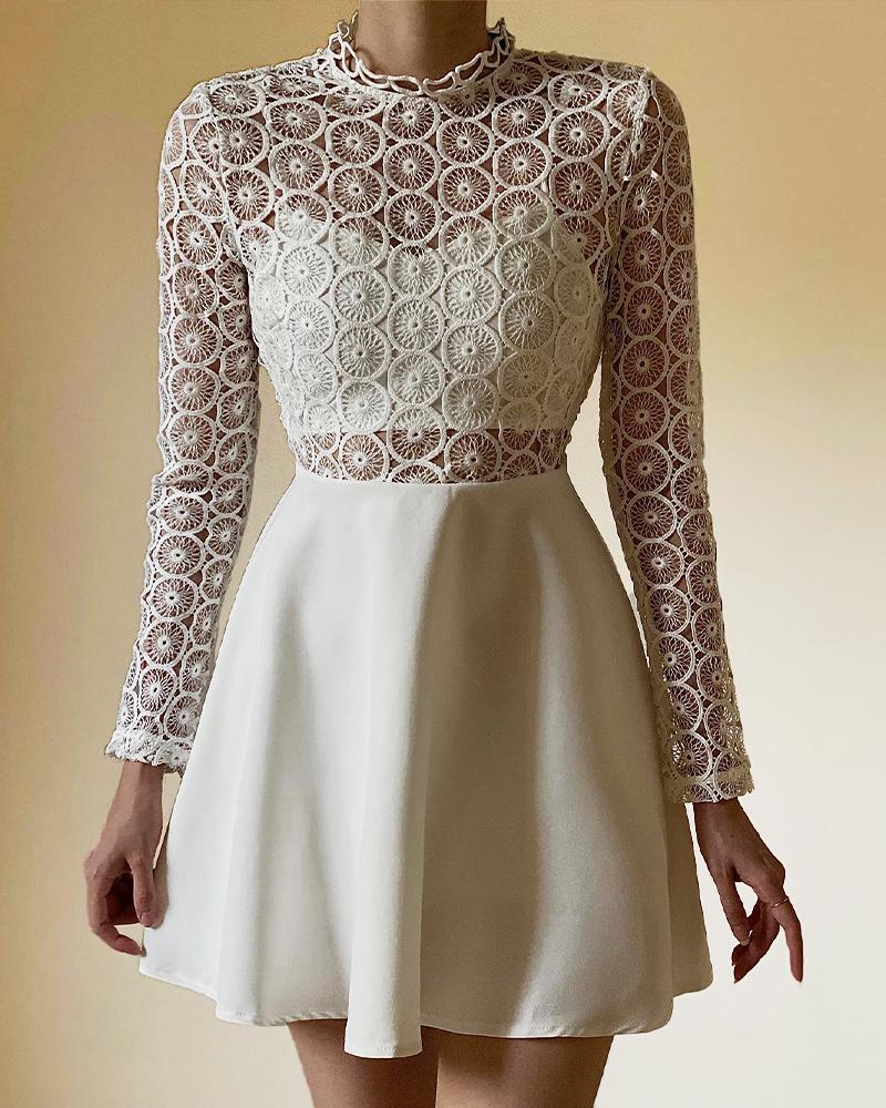 

Contrast Lace Long Sleeve Party Dress, Beige