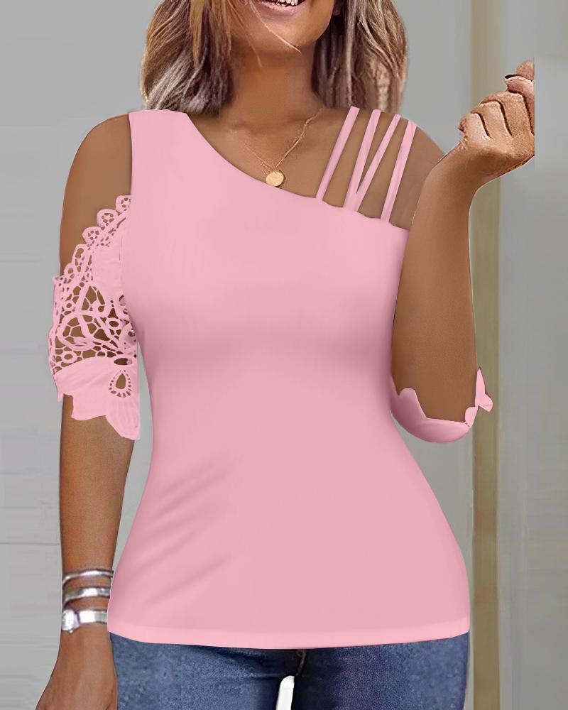 

Asymmetrical Cold Shoulder Lace Patch Top, Pink