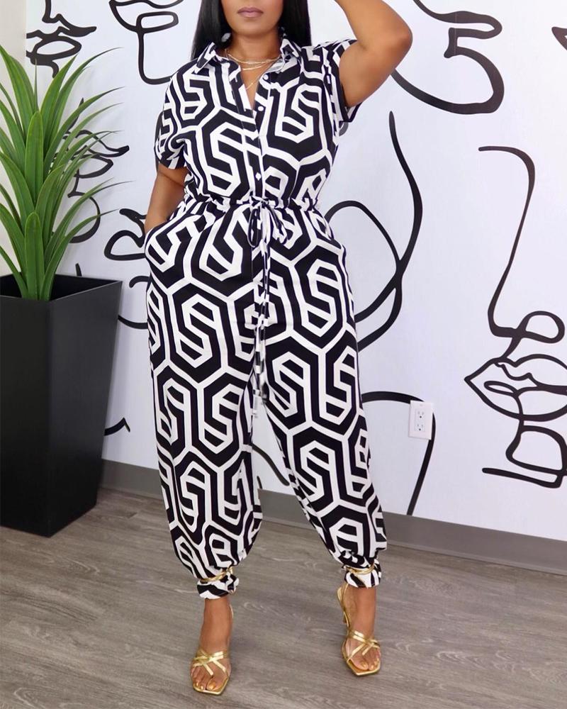 

Abstract Print Buttoned Pocket Design Jumpsuit, Blackwhite