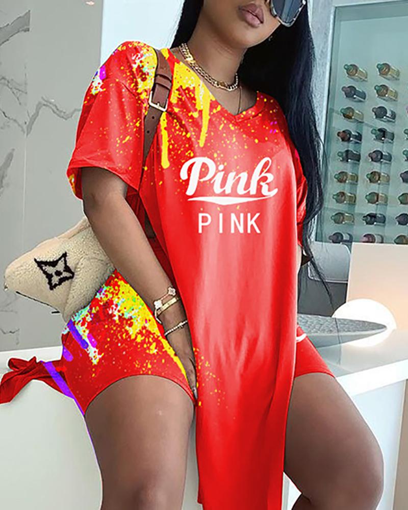 

Letter Splash Ink Print Short Sleeve Top & Shorts Set, Red