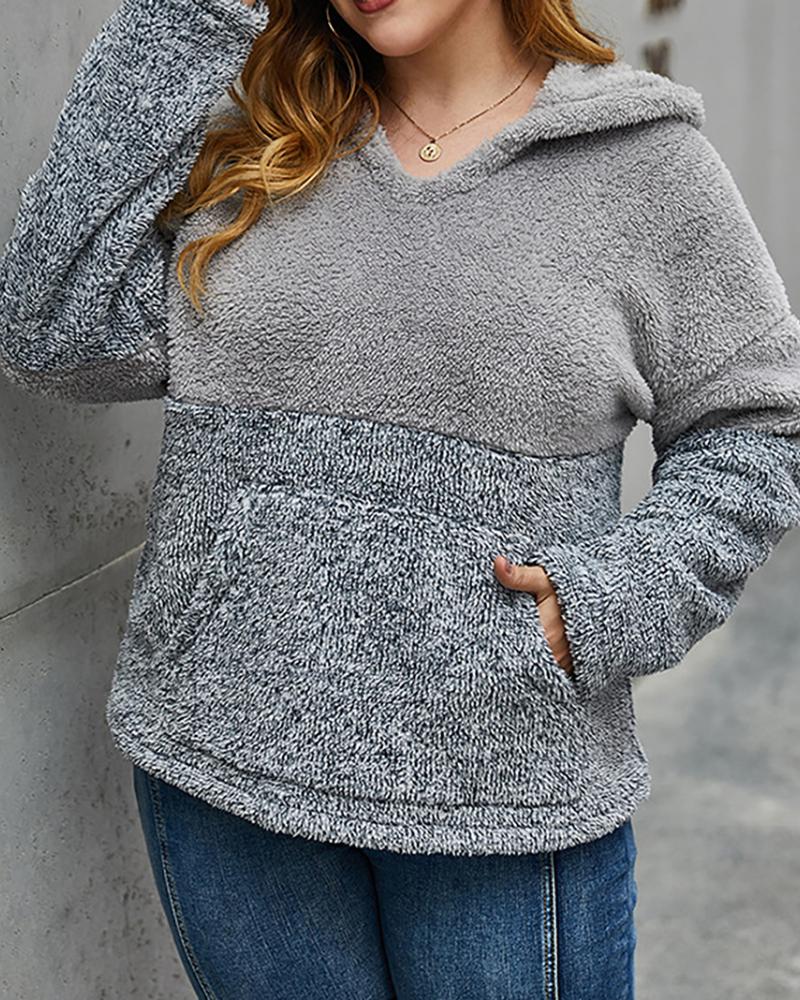 

Plus Size Colorblock Pocket Design Teddy Hooded Coat, Gray