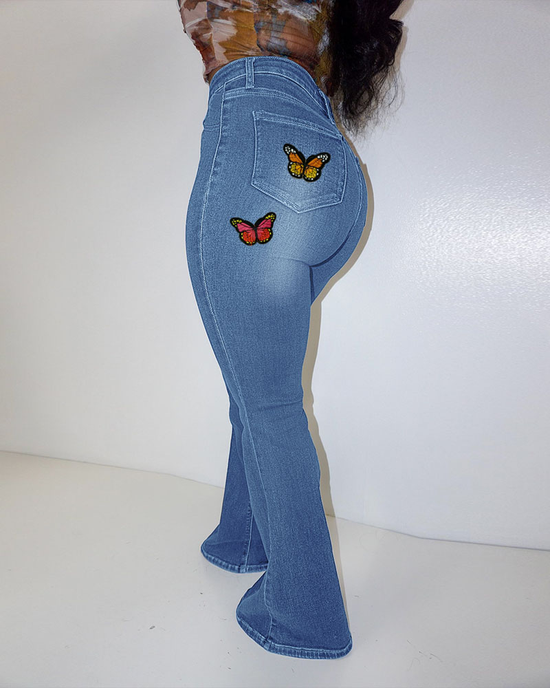 

Butterfly Patch Zipper Fly Washed Bootcut Jeans, Blue