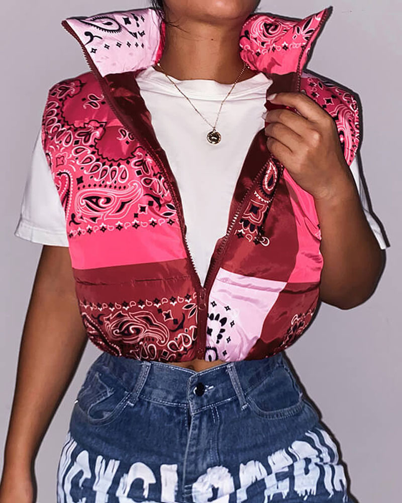 

Paisley Print Zipper Front Puffer Vest, Hot pink