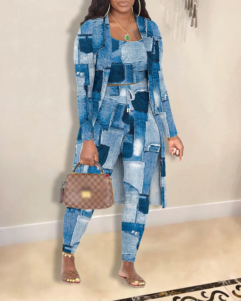 

3PCS Denim Look Print Cami Top & Pants Set With Coat, Blue