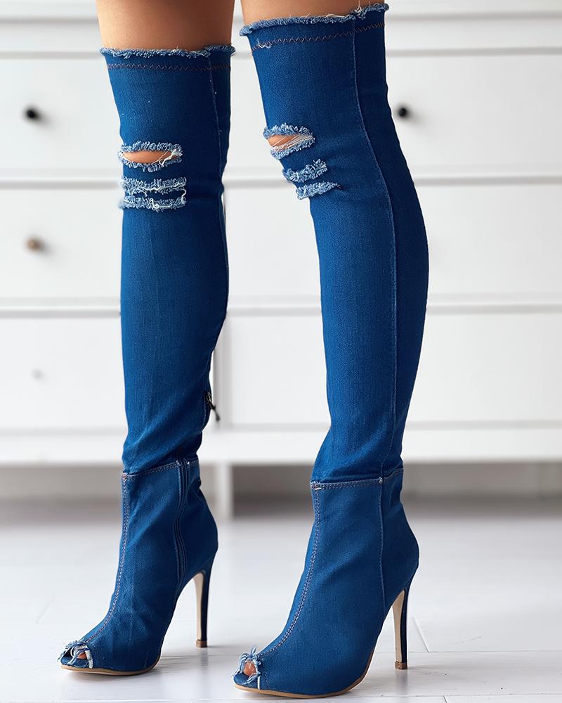 

Denim Ripped Fringe Hem Over The Knee Boots, Blue