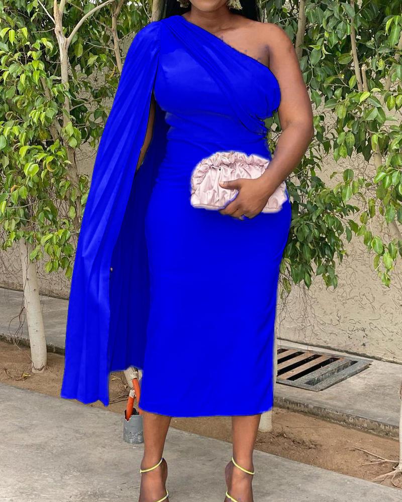 

Solid One Shoulder Cape Sleeve Dress, Blue
