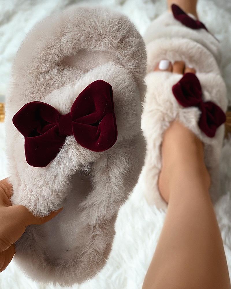 

Fuzzy Bowknot Decor Crisscross Slippers, Khaki