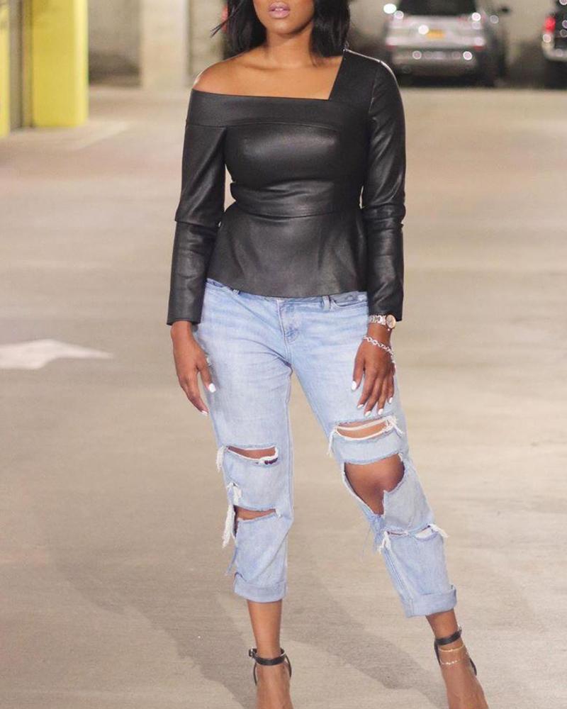

Faux Leather Cold Shoulder Top, Black
