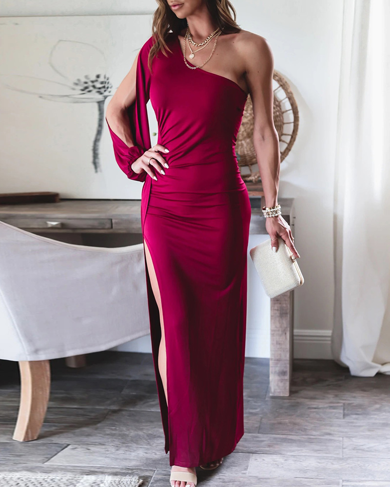 

One Shoulder High Slit Satin Ruched Evening Dress, Hot pink