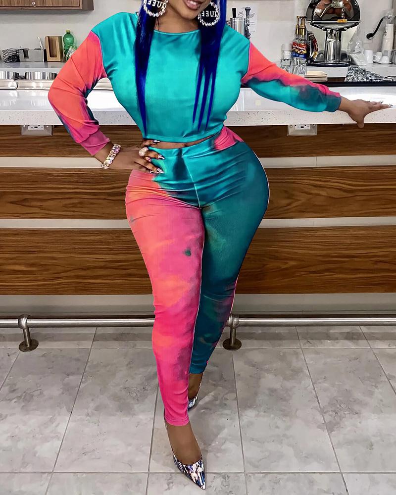 

Tie Dye Print Long Sleeve Top & Pants Set, Pink