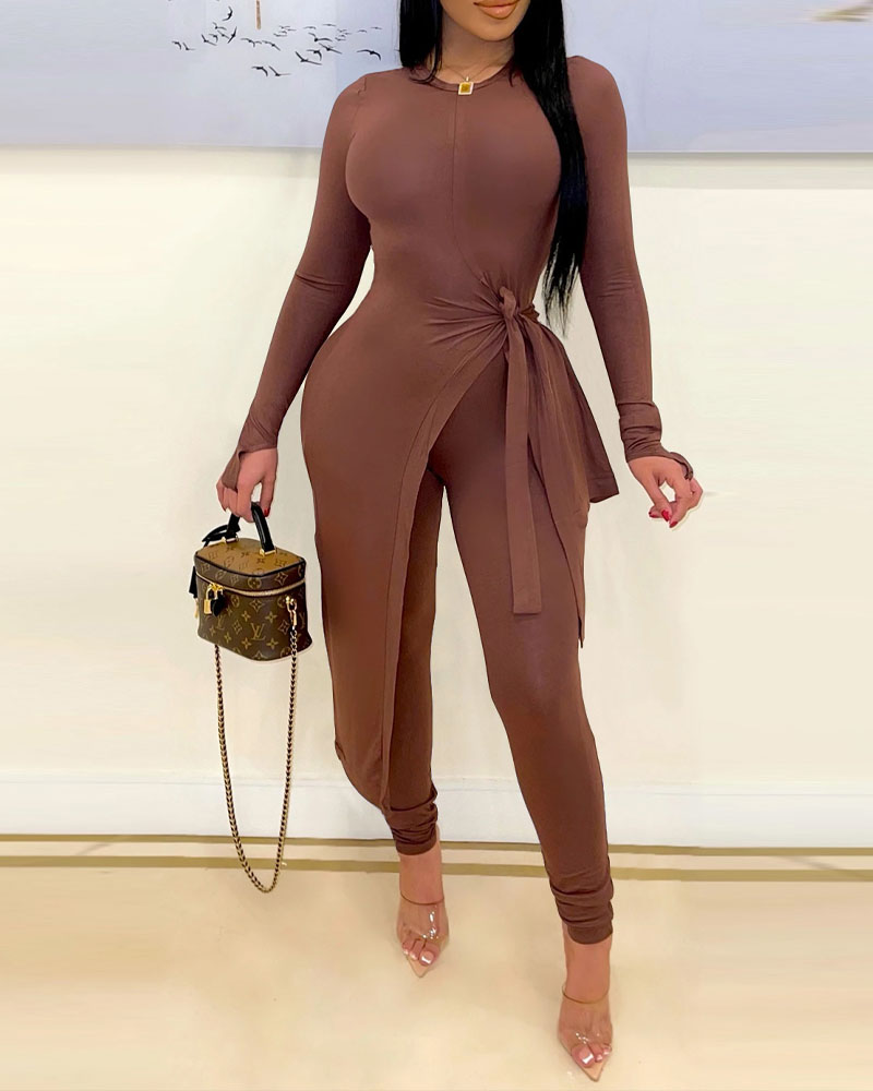 

Asymmetrical Tied Detail Top & Pants Set, Dark brown