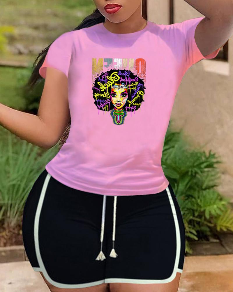 

Figure Cartoon Print Short Sleeve T-shirt With Drawstring Side Stripe Short Pants Suit Sets, Pink