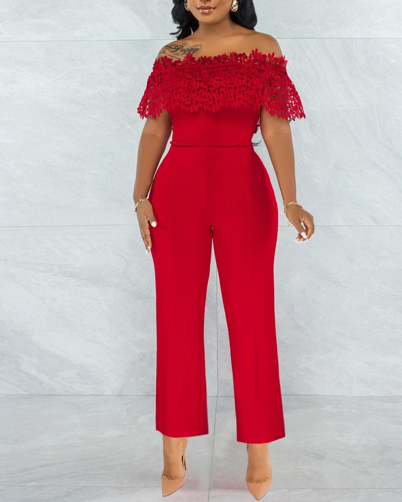 

Guipure Lace Patch Off Shoulder Jumpsuit, Red