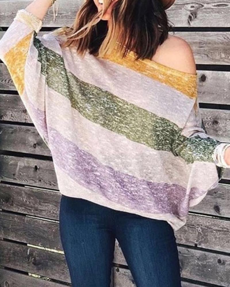 

Striped Colorblock Batwing Sleeve T-Shirt, Orange