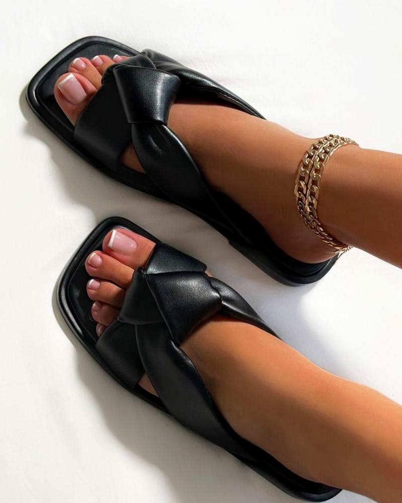 

Square-toe Solid Color Cross Strap PU Flat Slippers, Black
