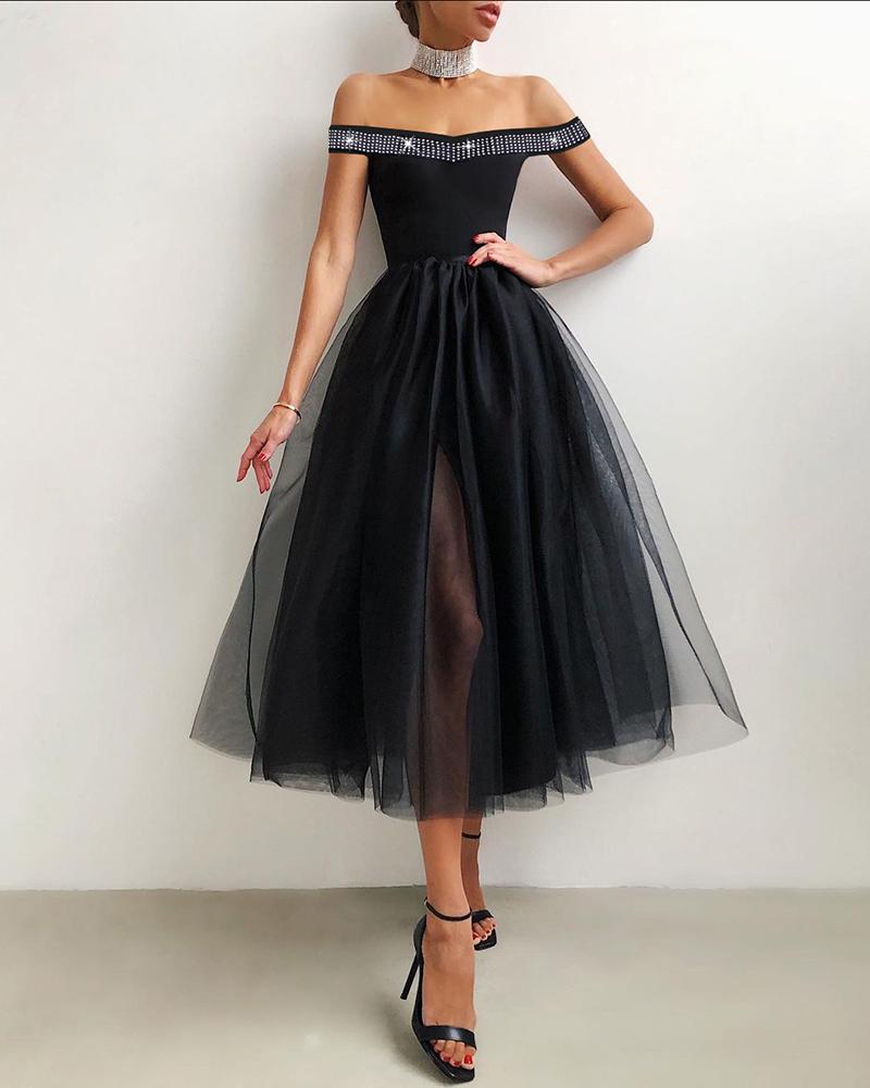 

Rhinestone Off Shoulder Sheer Mesh Evening Dress, Black