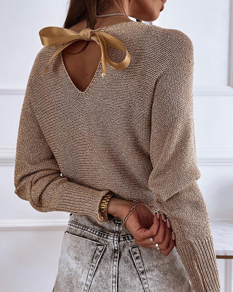 

Tied Detail Cutout Back Batwing Sleeve Sweater, Brown