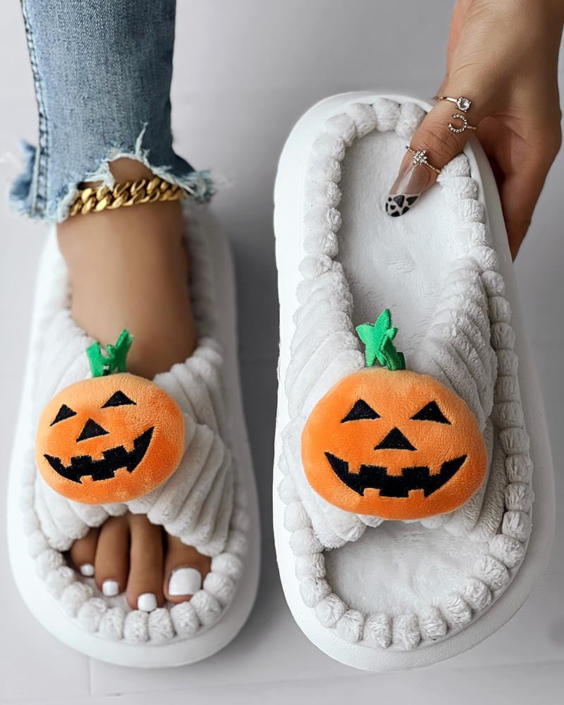 

Halloween Pumpkin Pattern Cross Strap Fuzzy Slippers, Beige