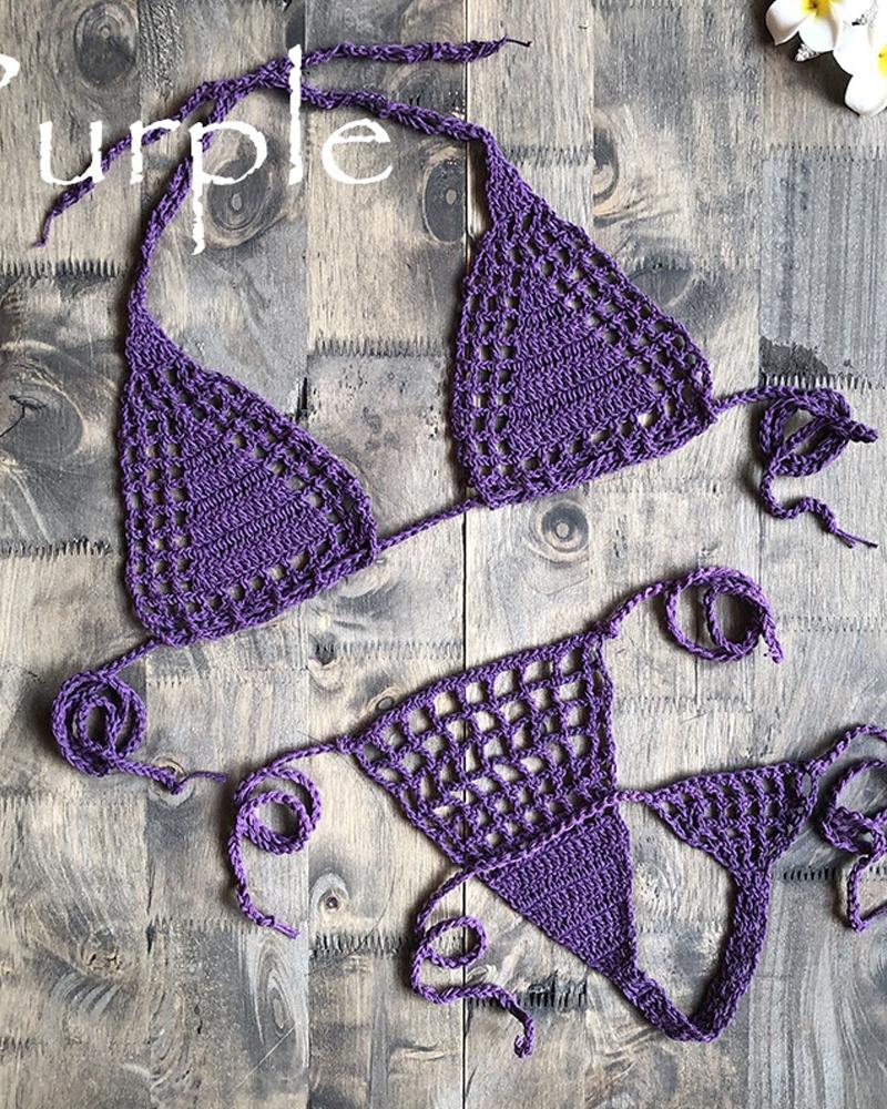 

See-through Solid Color Hollow-out Weave Halter Sleeveless 2-Piece Bikini Sets, Purple