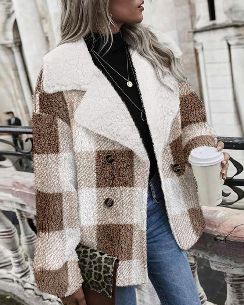 

Plaid Print Double Breasted Teddy Coat, Brown
