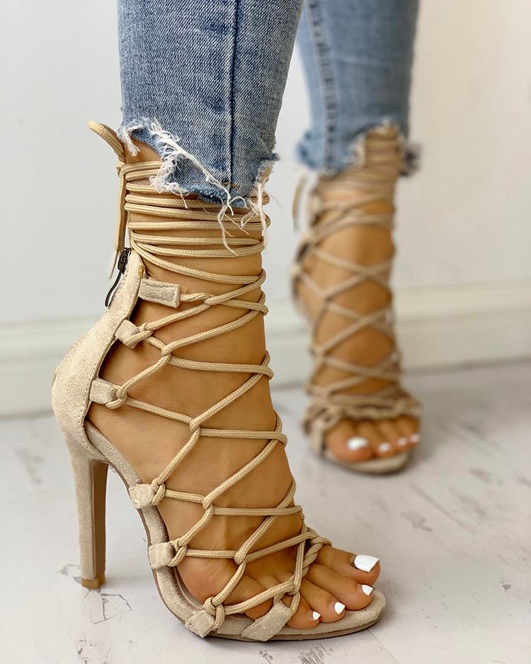 

Hollow Out Lace Up Thin Heels Sandals, Khaki