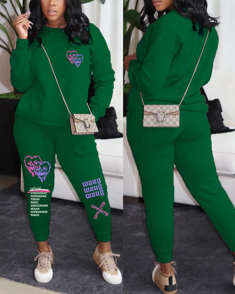 

Letter Heart Print Long Sleeve Casual Top & Pants Set, Green