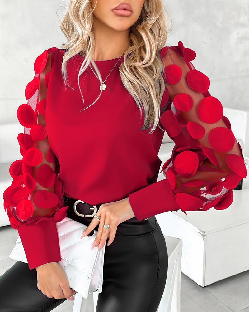 

Floral Pattern Sheer Mesh Patchwork Top, Red