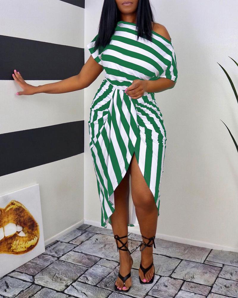 

Striped Print Ruched Slit Casual Dress, Green
