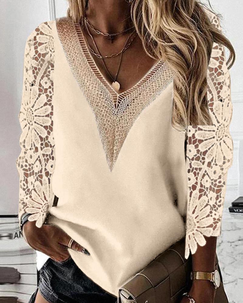 

Crochet Lace Patch V-Neck Top, Apricot