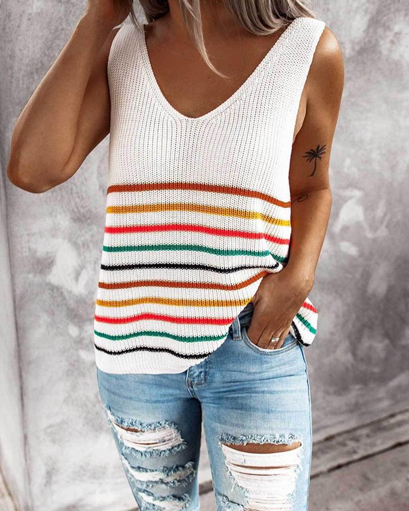 

Striped V-Neck Knitted Tank Top, White