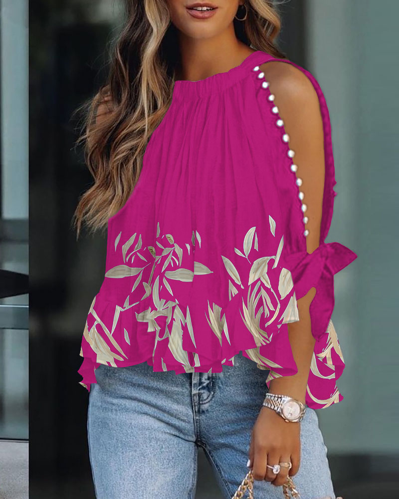 

Plants Print Beaded Decor Split Sleeve Top, Rose red