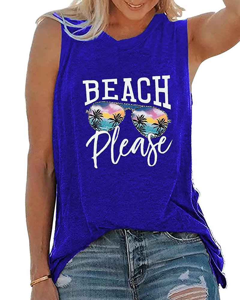 

Coconut Tree Sunglasses Letter Print Summer Tank Top, Blue