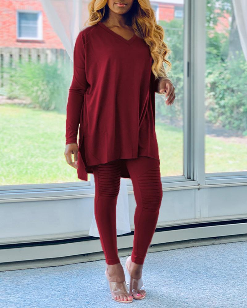 

Solid Slit Casual Top & Pants Set, Wine red