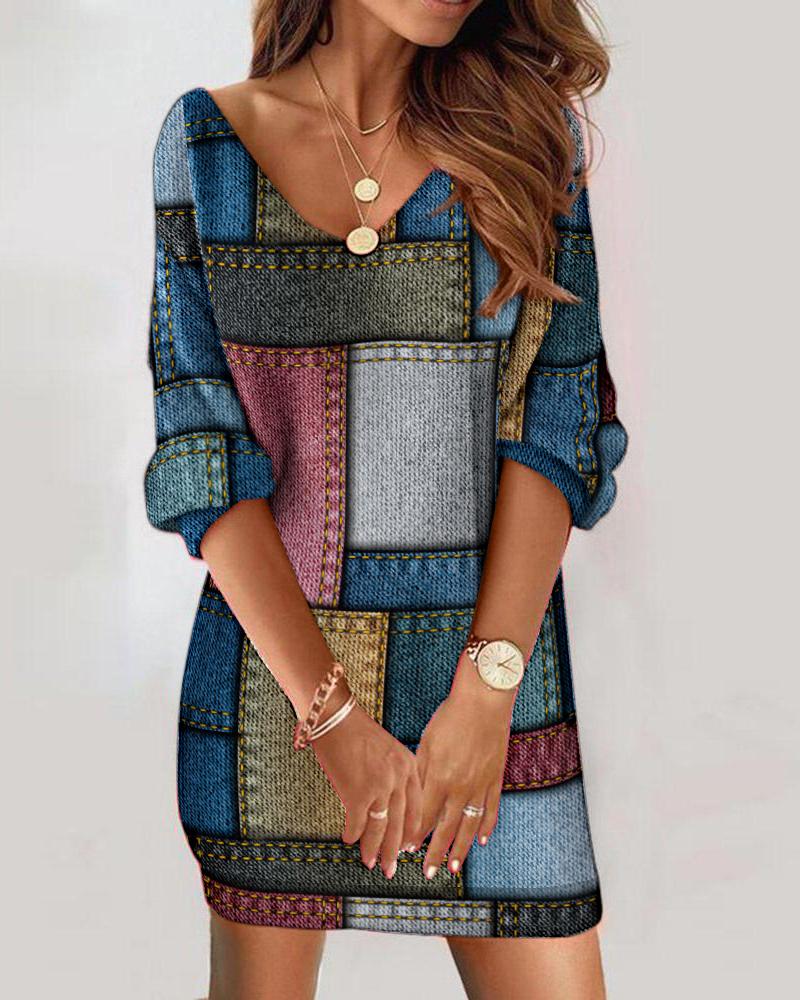 

Denim Look Print V-Neck Casual Dress, Multicolor